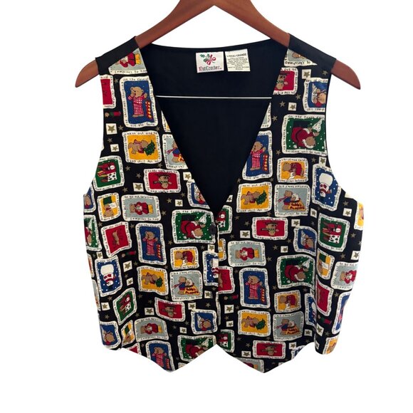 VTG Nutcracker Women's Cotton Christmas Bears Vest Size Large Button-Up Tie Back - Picture 3 of 11